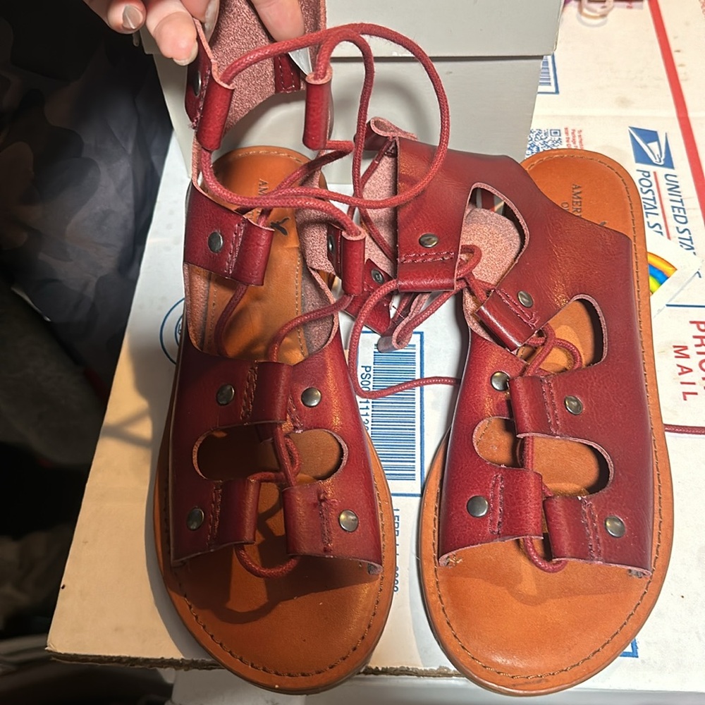 AMERICAN EAGLE BRICK RED LEATHER LACE UP GLADIATOR SANDALS